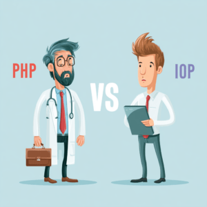 Illustration comparing PHP vs IOP, showing Partial Hospitalization Program and Intensive Outpatient Program treatment options to help individuals choose the right level of addiction and mental health care.