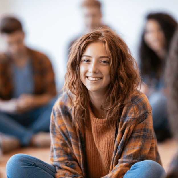 Teen smiling during a group counseling session at The Crossroads Program, representing finding the best teen rehab near you through outpatient addiction treatment, peer support, family involvement, and a recovery community that helps teens build healthier, substance-free lives.