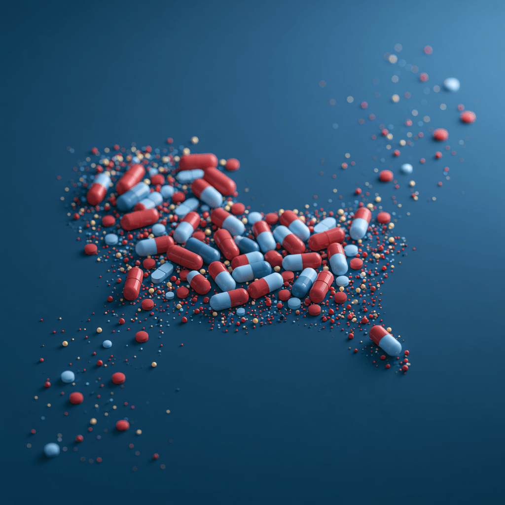 Prescription pills and capsules arranged in the shape of Missouri, representing access to addiction treatment through private insurance. The Crossroads Program offers drug rehab in Missouri that accepts PPO insurance, including detox referrals, residential treatment, therapy, and long term recovery support.