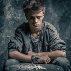 Teen sitting alone with pills in front of him, representing the warning signs of cocaine and substance use in adolescents. The Crossroads Program provides specialized teen cocaine rehab, mental health treatment, and family support to help young people achieve lasting recovery.