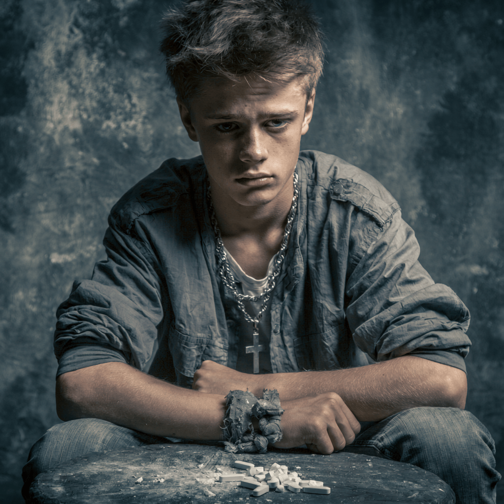 Teen sitting alone with pills in front of him, representing the warning signs of cocaine and substance use in adolescents. The Crossroads Program provides specialized teen cocaine rehab, mental health treatment, and family support to help young people achieve lasting recovery.